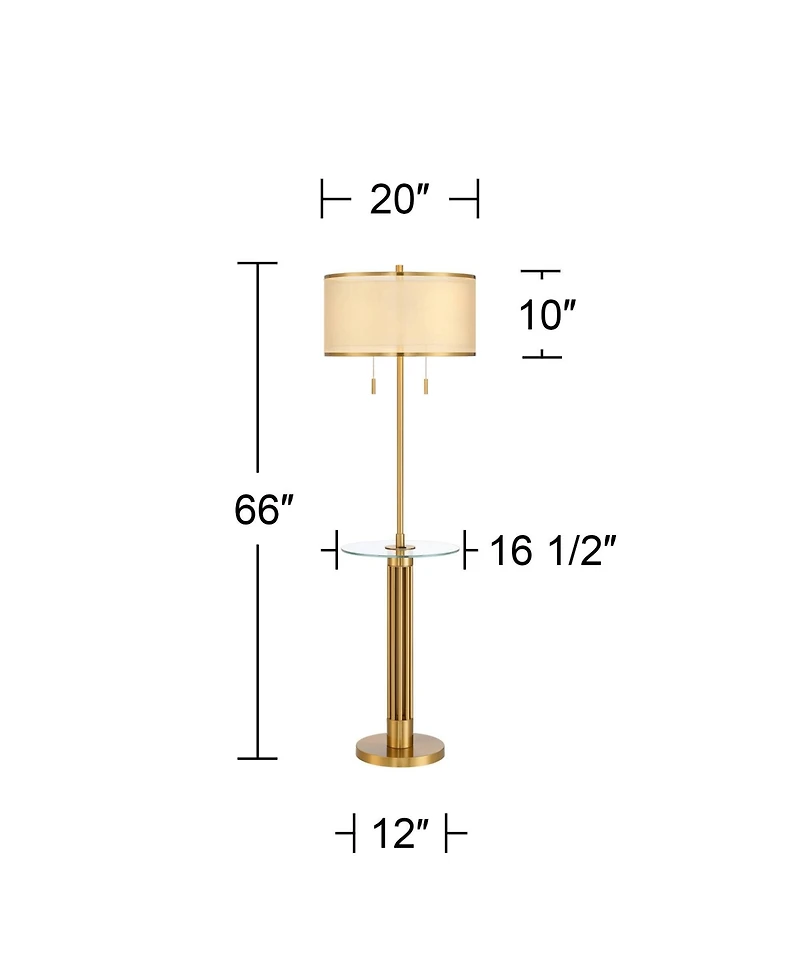 Possini Euro Design Granview Mid Century Modern 66" Tall Standing Floor Lamp with Glass Table Usb Port Gold Metal Warm Brass Finish