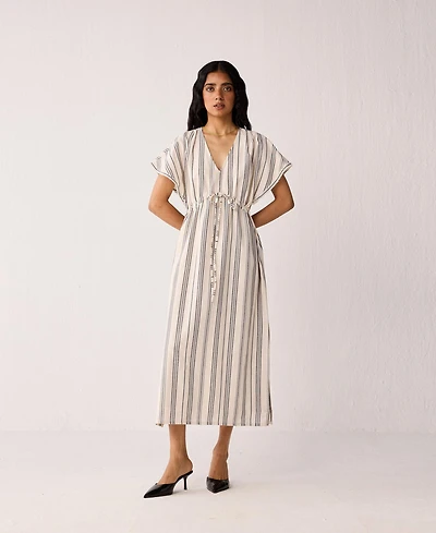 Reistor Women's Maxi Gathered Dress with Side Slits Stripes