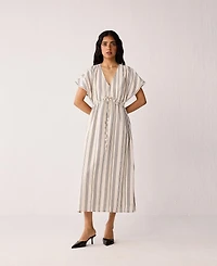 Reistor Women's Maxi Gathered Dress with Side Slits Stripes