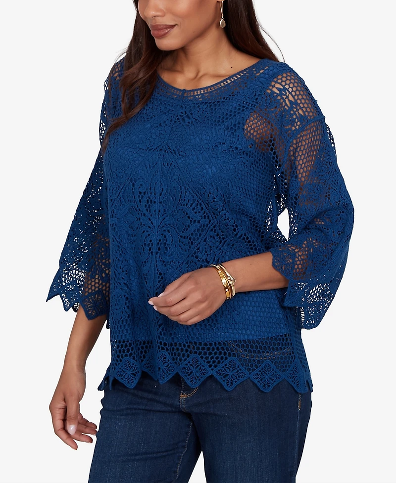 Ruby Rd. Petite Scalloped Medallion Crochet Lined Lace Top
