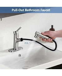 Busdays Brushed Nickel Pull Out Bathroom Sink Faucet with Pop-up Drain and Deck Plate