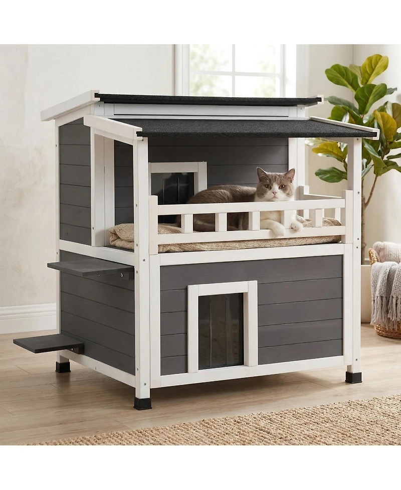 Zeus & Ruta 2 Story Wooden Cat House With Balcony Insulated Waterproof Outdoor Shelter For 1 3 Cats In Winter