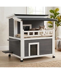 Zeus & Ruta 2 Story Wooden Cat House With Balcony Insulated Waterproof Outdoor Shelter For 1 3 Cats In Winter