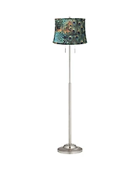360 Lighting Abba Modern Floor Lamp Standing 66" Tall Brushed Nickel Metal Peacock Print Drum Shade for Living Room Bedroom Office House Home