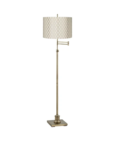 360 Lighting Swing Arm Floor Lamp Adjustable Height 70" Tall Antique Brass Embroidered Hourglass Fabric Drum Shade Living Room