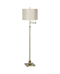 360 Lighting Swing Arm Floor Lamp Adjustable Height 70" Tall Antique Brass Embroidered Hourglass Fabric Drum Shade Living Room