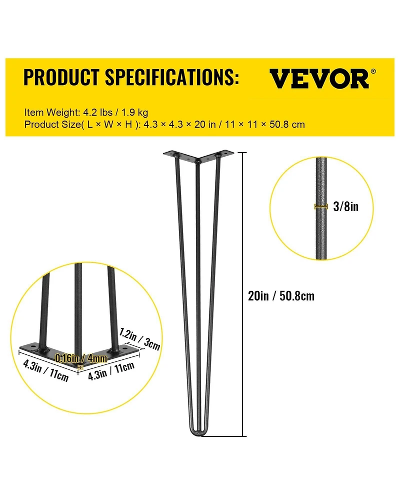 Gouun 20 in Hairpin Table Legs Set of 4, Carbon Steel 3-Rod Furniture Legs with 880 lbs Total Load Capacity