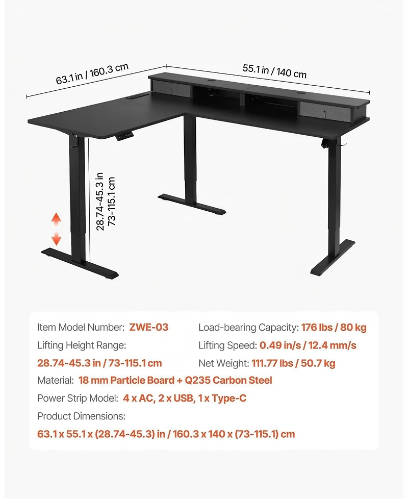 Gouun L Shaped Electric Standing Desk 63 x 55 in, Adjustable Height Corner Desk with Led Light Strip and Power Strip