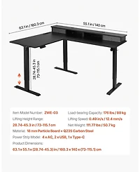 Gouun L Shaped Electric Standing Desk 63 x 55 in, Adjustable Height Corner Desk with Led Light Strip and Power Strip