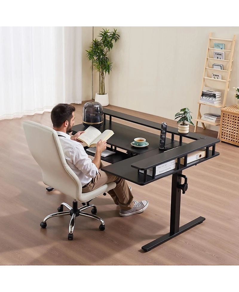 Gouun L Shaped Electric Standing Desk 63 x 43 in, Adjustable Height Corner Desk with Keyboard Tray and Power Strip