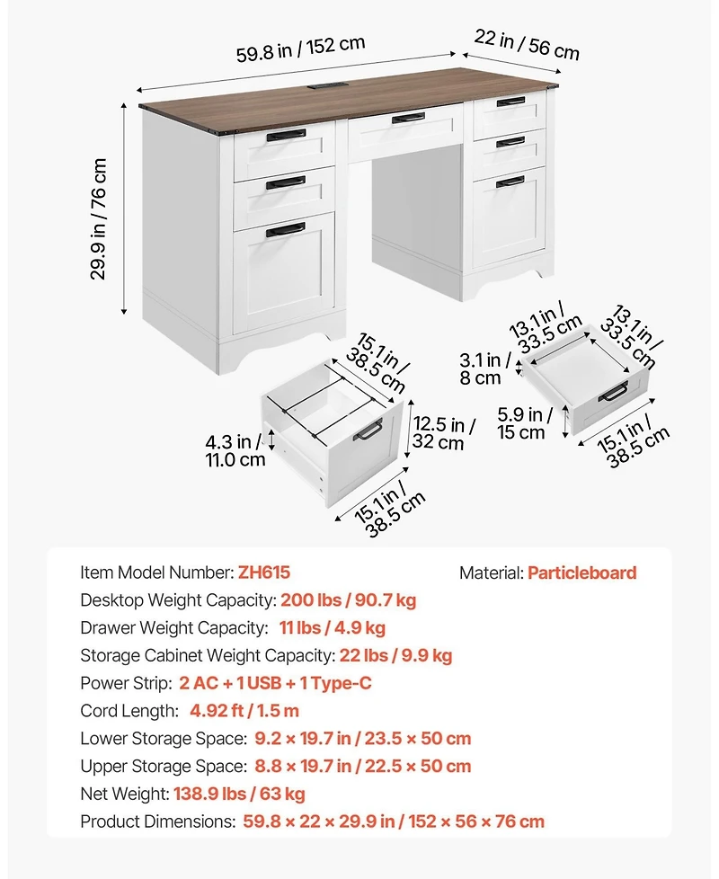Gouun 60 in Farmhouse Executive Desk with Charging Station, Office Table with Storage Drawers and Keyboard Tray, Walnut