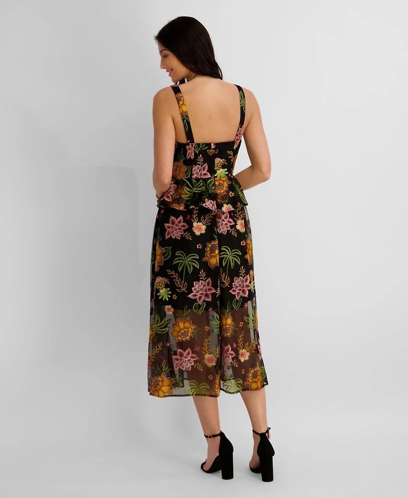 Kensie Women's Embroidered Mesh V-Neck Midi Dress