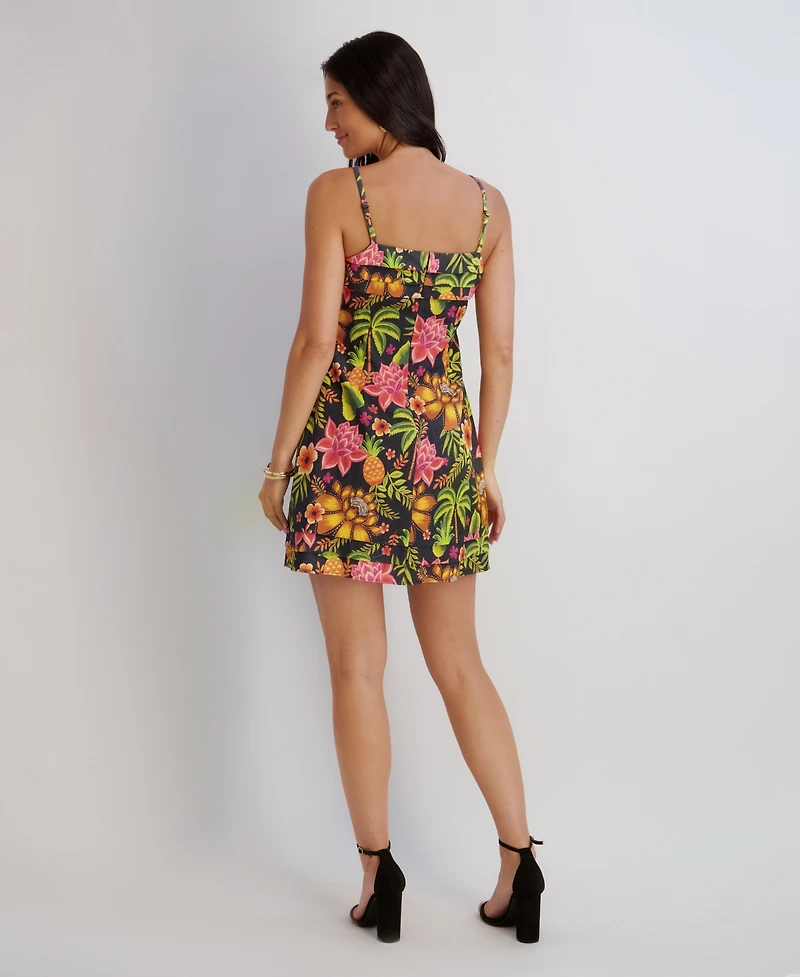 Kensie Women's Printed Flax Woven Square Neck Dress