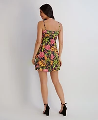 Kensie Women's Printed Flax Woven Square Neck Dress