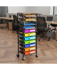 Yigii 12 Tier Rolling File Cart Wood Top Metal Mesh Sliding Trays Office Home School Storage