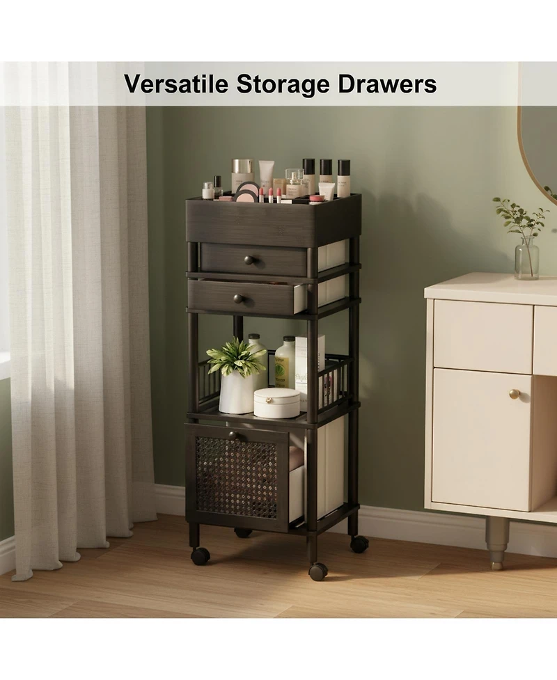 Yigii Bamboo Makeup Organizer Cart 3 Drawers Rolling Storage for Bathroom Bedroom Vanity Skin Care Perfume Hair Tools