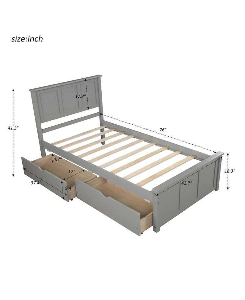flynama Twin Size Platform Storage Bed with Two Drawers on Wheels Space Saving Design for Bedroom