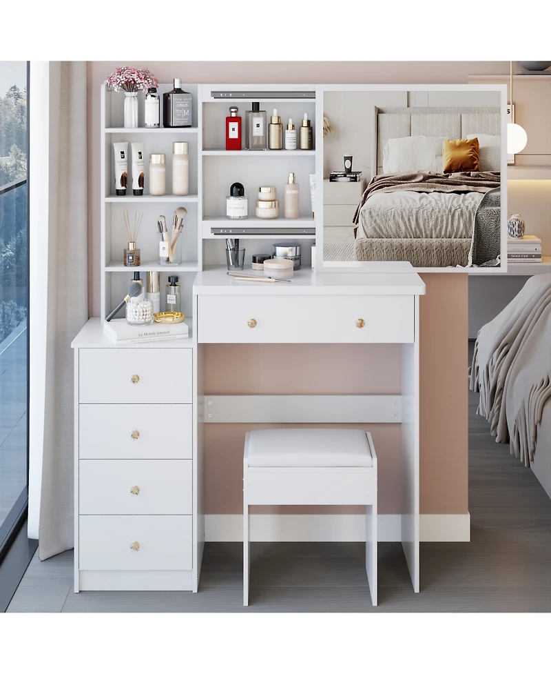Flynama Modern Medium Led Vanity Table with Bedside Cabinet Slide Mirror Classic and Cushioned Stool