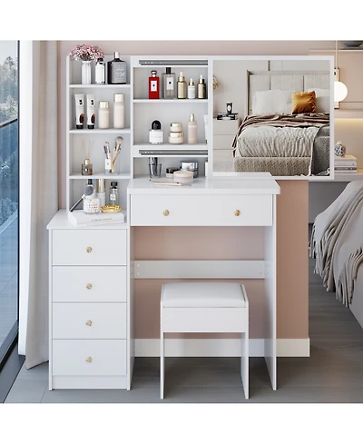 Flynama Modern Medium Led Vanity Table with Bedside Cabinet Slide Mirror Classic and Cushioned Stool
