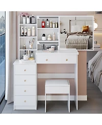 Flynama Modern Medium Led Vanity Table with Bedside Cabinet Slide Mirror Classic and Cushioned Stool