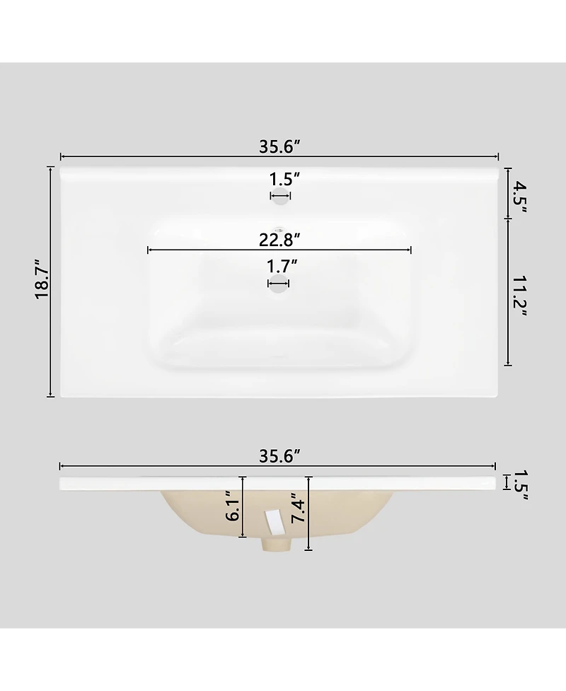Busdays 35.6" White Ceramic Basin, Only Ceramic Sink, Without Cabinet