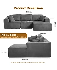 gaomon 108" L-Shaped Modular Sectional Sofa, 3-Piece Corduroy Cloud Couch with Left Facing Chaise and Armrests, No Assembly