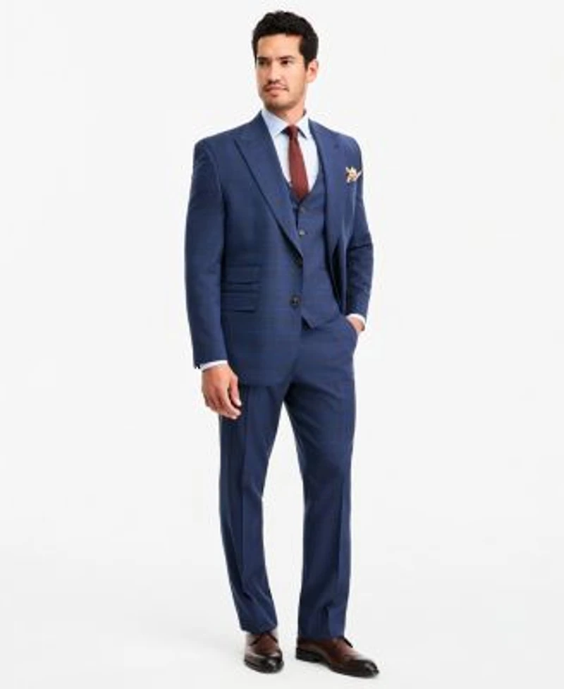Tayion Collection Mens Classic Fit Blue Red Plaid Suit Separates