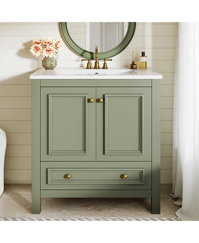 Tribesigns 30" Bathroom Vanity with Sink, Freestanding Vanity with Solid Wood Frame, Ceramic Sink, Soft-Close Doors, Drawer & Door Organizer