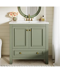 Tribesigns 30" Bathroom Vanity with Sink, Freestanding Vanity with Solid Wood Frame, Ceramic Sink, Soft-Close Doors, Drawer & Door Organizer