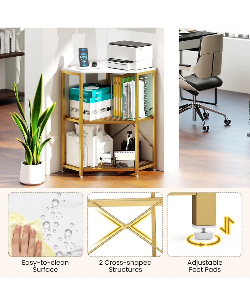 Sugift Corner Printer Stand with Power Outlet 3-Tier Storage Rack with Adjustable Shelf