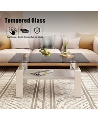 Rainsken Modern 2-Tier Coffee Table, Rectangle Center Table with Tempered Glass Top, Mdf Shelf and Metal Legs for Living Room and Home Office