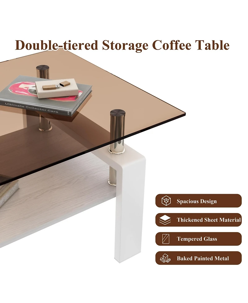 Rainsken Modern 2-Tier Coffee Table, Rectangle Center Table with Tempered Glass Top, Mdf Shelf and Metal Legs for Living Room, Home Office