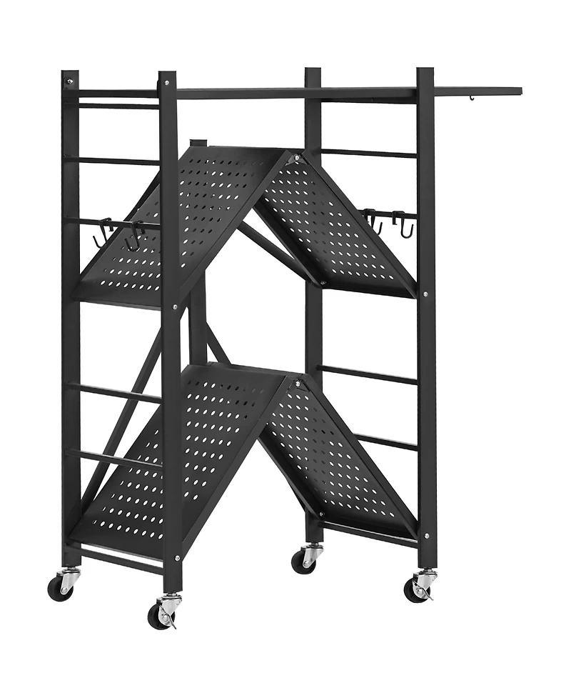 Rainsken 3-Tier Foldable Storage Shelf, Folding Metal Storage Shelving Unit with 5 Wheels and 4 Hooks for Kitchen, Garage, Basement