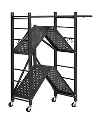Rainsken 3-Tier Foldable Storage Shelf, Folding Metal Storage Shelving Unit with 5 Wheels and 4 Hooks for Kitchen, Garage, Basement