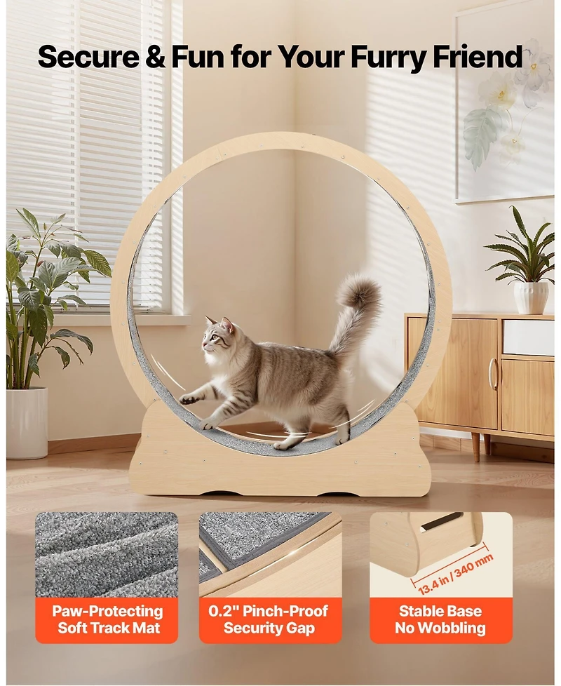 Cozito 48" Wooden Cat Exercise Wheel with Carpeted Runway and Locking Mechanism