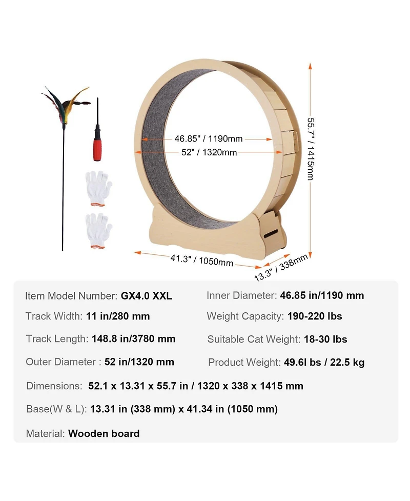 Cozito 52" Wooden Cat Exercise Wheel with Detachable Carpet