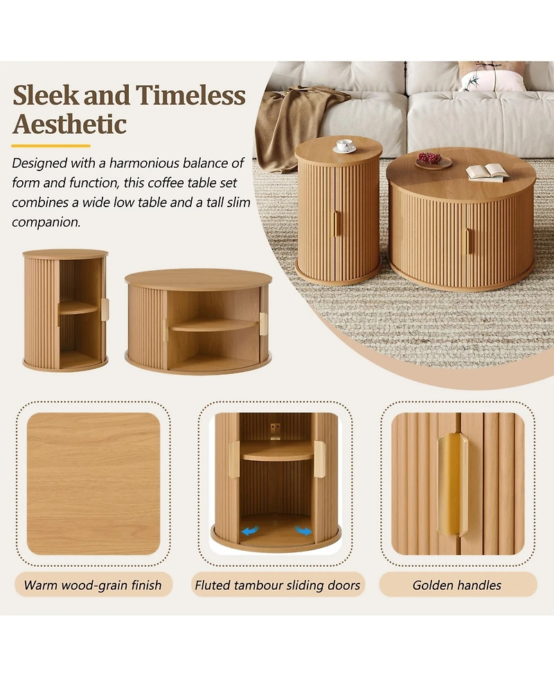 Rainsken Mid-Century Coffee Table Set, Round Fluted End Table With Storage, Handle, Sliding Tambour Door, Side Table for Living Room