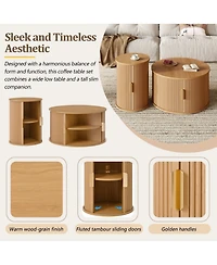 Rainsken Mid-Century Coffee Table Set, Round Fluted End Table With Storage, Handle, Sliding Tambour Door, Side Table for Living Room