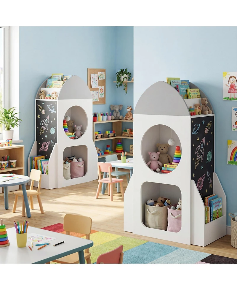 Slickblue 3-Tier Kids Bookshelf Rocket Space Theme Toddler Toy Storage Organizer