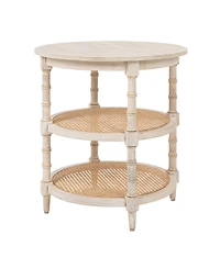 Storied Home Round 23" Wood End Table with 2-Woven Cane Shelves