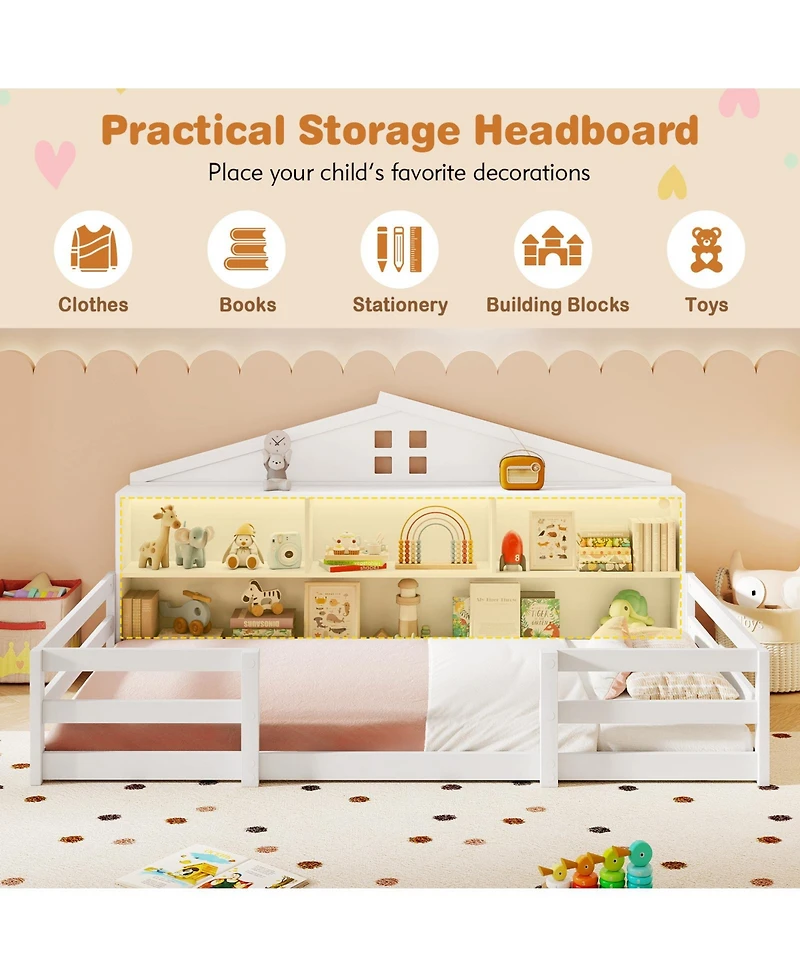 Gouun Montessori Floor Bed with Storage Compartments and Shelf