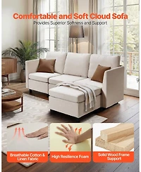 Gouun 3-Seater Modular Sectional Sofa with Ottoman, Hidden Storage, and Cotton-Linen Upholstery