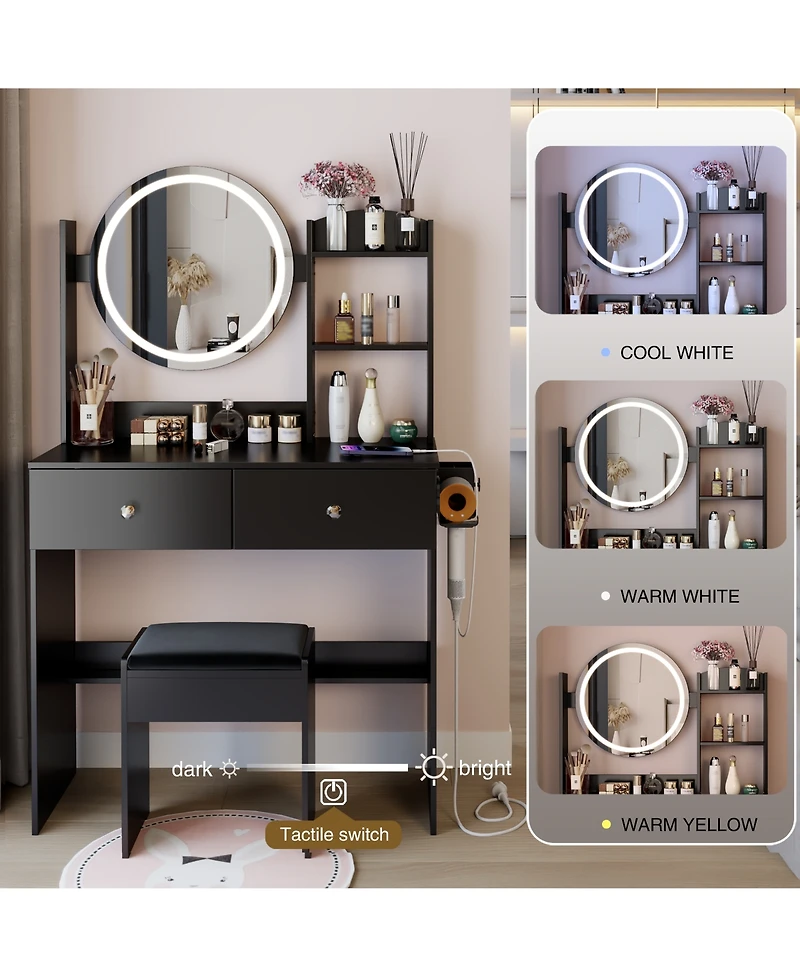 Flynama Modern Large Capacity Led Vanity Table with Basic Mirror and Cushioned Stool Makeup