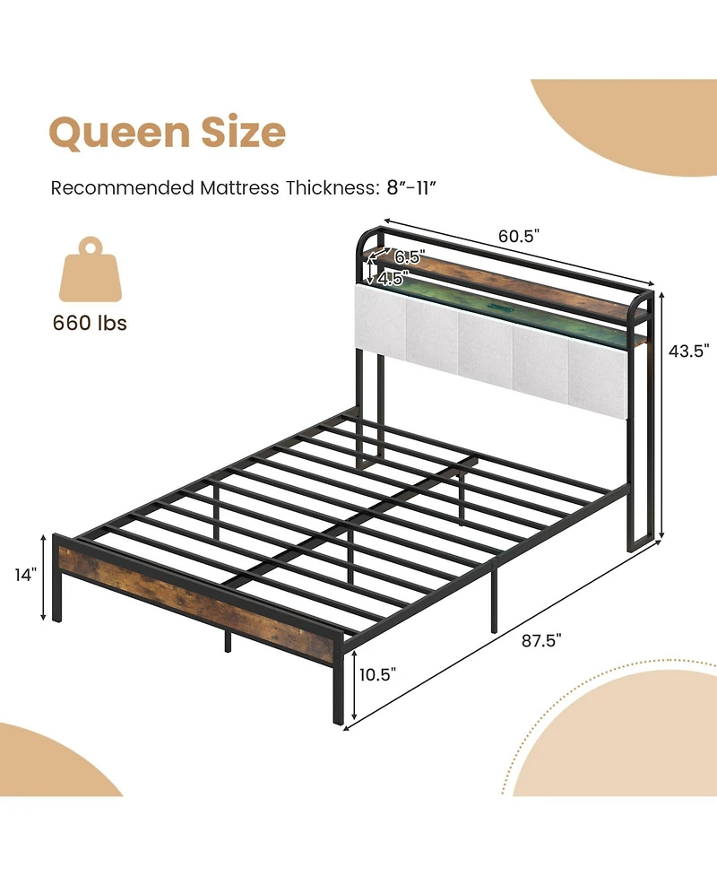 Gouun Queen Size Bed Frame with Led Light and Charging Station