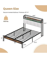 Gouun Queen Size Bed Frame with Led Light and Charging Station