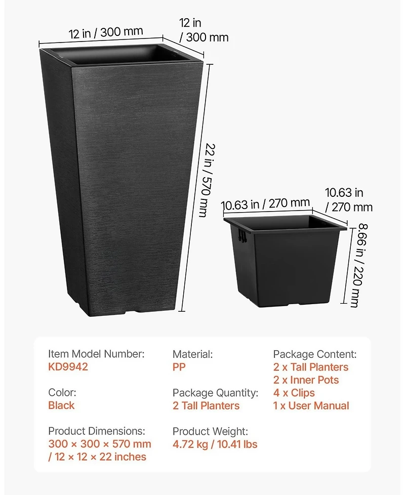 Gouun Set of 2 Tall Tapered Square Planters, 22 in Large Indoor Outdoor Plant Pots