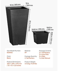 Gouun Set of 2 Tall Tapered Square Planters, 22 in Large Indoor Outdoor Plant Pots