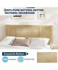 gaomon Bed Frame Natural Rattan Headboard Metal Base Wooden Slats No Box Spring Boho-Style Cane Support