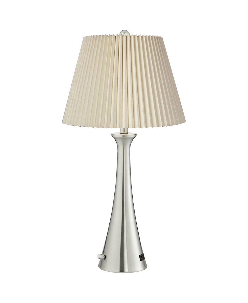 360 Lighting Karl Modern Table Lamps 27 1/2" Tall Set of 2 Brushed Nickel with Usb Charging Port Dimmers Ivory Pleat Shade for Bedroom Bedside Ho