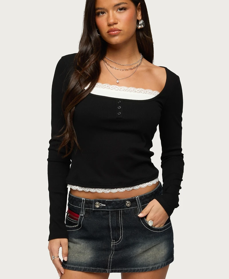 Edikted Women's Joana Layered Lacey Henley Top